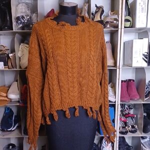 + Distressed Cable Knit Sweater - Brown